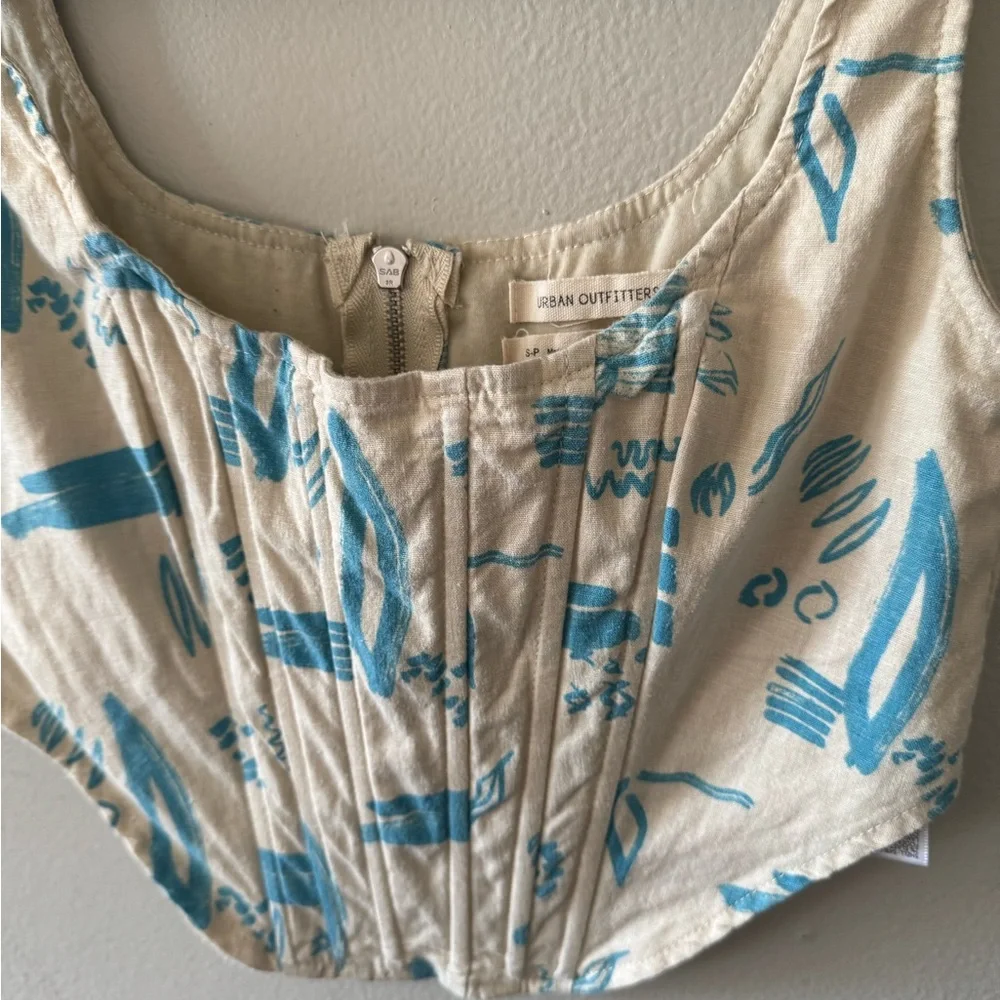 Urban Outfitters Small Corset Off White Blue Abstract Print Boned - Picture 2 of 5